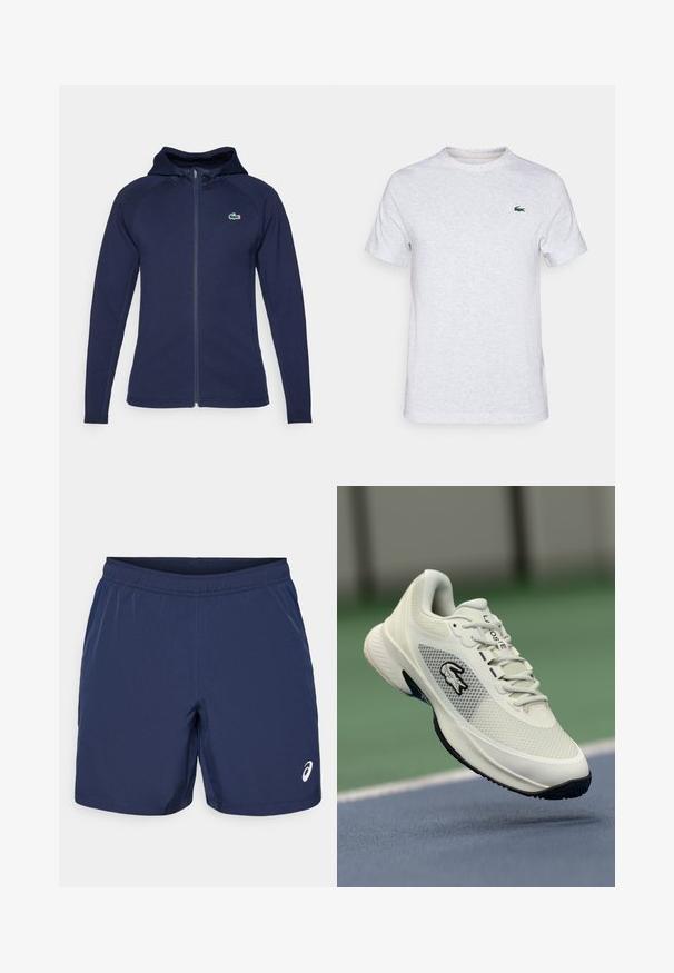 Tamsiai mėlynas užtrauktukas džemperis, pagamintas iš minkštos medžiagos, su pamuštu kapučinu, raglan rankovėmis ir Lacoste logotipu ant kairiojo krūtinės.; Šviesiai pilkas medvilninis marškinėlis su trumpomis rankovėmis, apvaliu iškirpimu ir žaliu siuvinėjimu kairėje krūtinės pusėje. Minkšta tekstūra, kasdieniškas dizainas.; Tamsiai mėlyni sportiniai šortai su elastinga juosta, lygus sintetinis audinys ir balta logotipo akcentas kairiajame apatine kampo.; Balti sportiniai batai su tinkliniais viršutiniais, juodais akcentais, tekstūruotu padu ir išryškintu logotipu šone, eksponuojami prieš teismo foną.