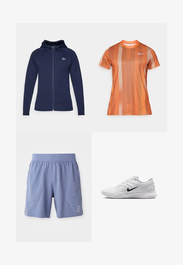 Tamnoplava zip-up dukserica napravljena od mekanog materijala, sa podstavljenom kapuljačom, raglan rukavima i Lacoste logom na lijevoj strani prsnog koša.; Narančasta majica s kratkim rukavima s vertikalnim prugama u različitim nijansama i geometrijskim uzorcima, s bijelim Nike logotipom na prsima.; Svijetloplave atletske kratke hlače s elastičnom strukom, dva bočna džepa i mali bijeli logo na donjoj prednjoj desnoj strani. Glatka tekstura.; Bijela atletska cipela s teksturiranim mrežastim gornjištem, crnim Nike znak, podstavljenim ovratnikom i gumeni potplat s uzorkom gaznog sloja.