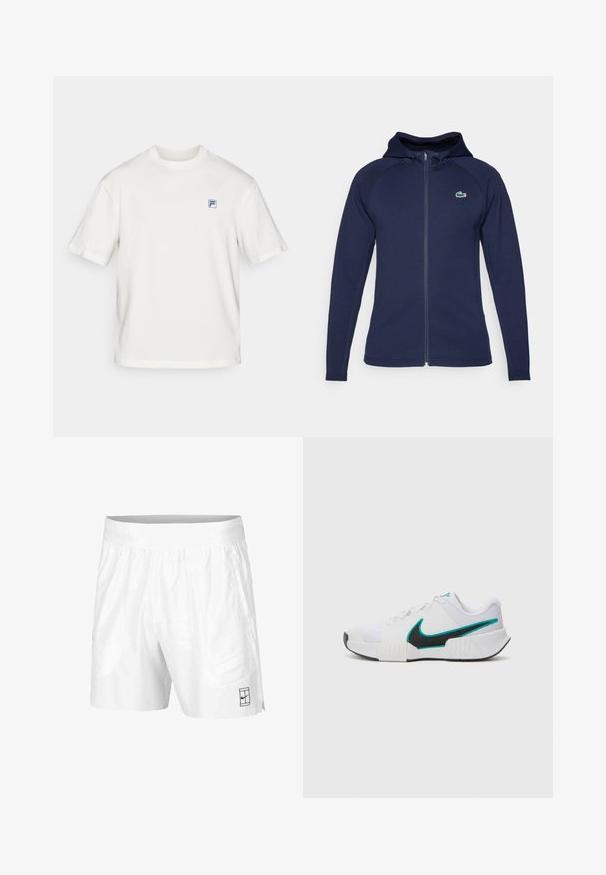 Navy sinisen vetoketjuhuppari, joka on valmistettu pehmeästä kankaasta. Siinä on vuorattu huppu, raglanhihoja ja Lacoste-logo vasemmassa rinnassa.; Valkoinen puuvillapaita lyhyillä hihoilla, pyöreällä kaula-aukolla ja vasemmassa rinnassa pieni sininen suorakaiteen muotoinen logo. Sujuva textuuri.; Valkoiset urheilushortsit, jotka on valmistettu kevyestä kankaasta, joustovyötäröllä. Siinä on kaksi sivutaskua ja pieni musta logo helman kohdalla.; Valkoinen urheilukenkä, jossa on teksturoidusta verkkokankaasta valmistettu päällinen, musta kumipohja ja teal-värinen Nike-swoosh-korostus. Varustettu nauhoilla ja pehmustetulla nilkkapannalla.