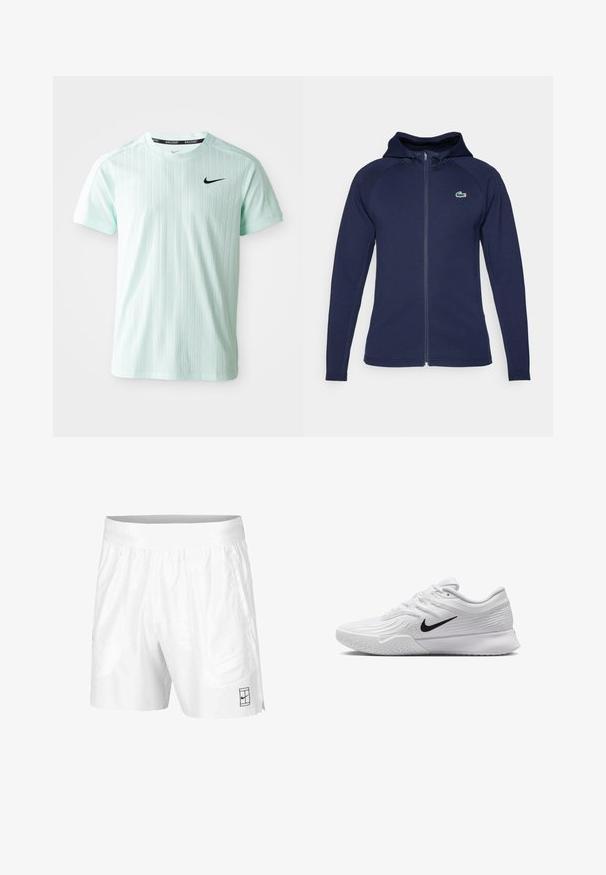 Tumed sinine tõmblukuga kapuutsiga sviiter pehmest kangast, jope, millel on voodriga kapuuts, raglanvarrukad ja Lacoste logo vasakul rinnal.; Mündroheline sportline särk, mis on valmistatud kergest kangast, millel on vertikaalsed triibud, lühikesed varrukad ja must Nike logo rinnal.; Valged spordilühikesed püksid, mis on valmistatud kergest kangast, elastse vöökoha ja kahe küljetaskuga. Hemmi peal on väike must logo.; Valge spordijalats, millel on tekstuuriga mesh-ülemine osa, must Nike swoosh, pehmendatud krae ja kummist tald, millel on mustritrepp.