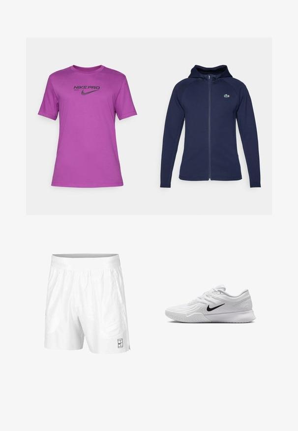 Marineblå zip-up hettegenser laget av myk stoff, med fôret hette, raglanermer og Lacoste-logo på venstre bryst.; Lilla Nike Pro t-skjorte med korte ermer og rund hals, prydet med en svart logo trykket foran. Glatt, lett stoff.; Hvite sportsshorts laget av lettvektstoff med elastisk midjebånd, med to sidelommer og en liten svart logo på kanten.; Hvit atletisk sko med teksturert mesh-overdel, svart Nike-svush, polstret krage og gummisåle med mønster.