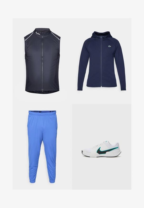 Tamsiai mėlynas užtrauktukas džemperis, pagamintas iš minkštos medžiagos, su pamuštu kapučinu, raglan rankovėmis ir Lacoste logotipu ant kairiojo krūtinės.; Nėriniuotas dviratininko liemenė tamsiai mėlynos spalvos, su aukšta apykakle, pilnu užtrauktuku, atspindinčiais akcentais ir lengva, lygaus audinio tekstūra.; Vyriški mėlyni sportiniai kelnių pagaminti iš lengvos medžiagos, su elastingu juosmeniu, ant kurio yra juodas logotipas, ir siaurėjančiais manžetais ties kulkšnimis.; Balti sportiniai batai su tekstūruotu tinkliniu paviršiumi, juodu guminėmis padais ir mėlyna Nike ženklu. Yra raiščiai ir paminkštinta apykaklė.