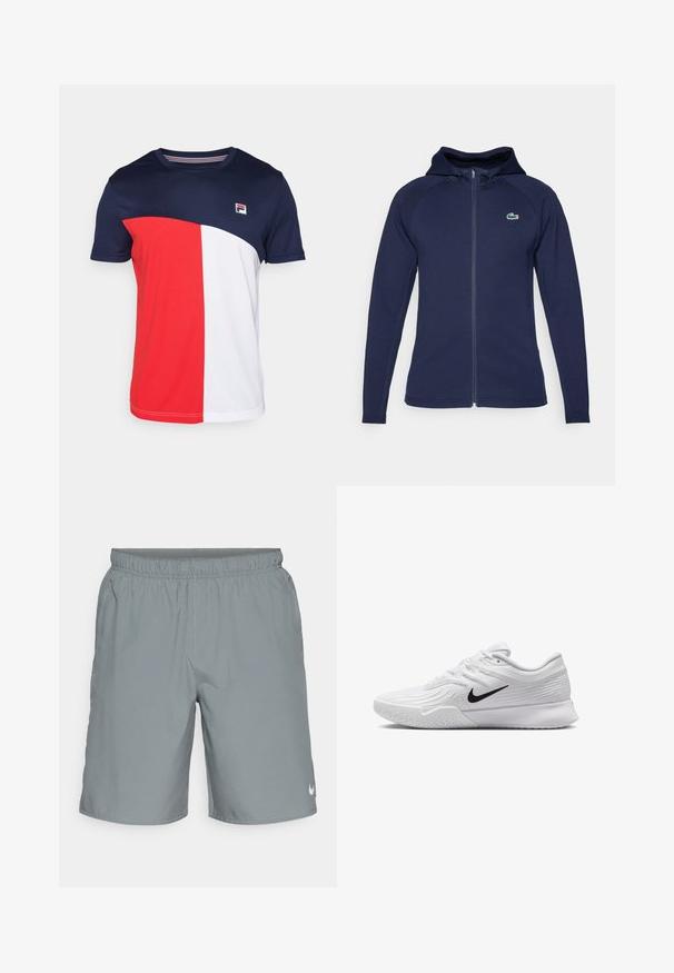 Tumed sinine tõmblukuga kapuutsiga sviiter pehmest kangast, jope, millel on voodriga kapuuts, raglanvarrukad ja Lacoste logo vasakul rinnal.; Lühikeste varrukatega T-särk, millel on tumesinine, punane ja valge värviblokk, ümmargune kaelus ja väike logo rinnal. Valmistatud tekstuursetest kangast.; Hallid hallid spordilühikesed püksid elastse vöökoha, küljetaskute ja väikese valge logoga alumisel paremal küljel. Sile tekstuur.; Valge spordijalats, millel on tekstuuriga mesh-ülemine osa, must Nike swoosh, pehmendatud krae ja kummist tald, millel on mustritrepp.