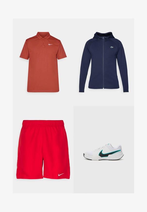 Tamsiai mėlynas užtrauktukas džemperis, pagamintas iš minkštos medžiagos, su pamuštu kapučinu, raglan rankovėmis ir Lacoste logotipu ant kairiojo krūtinės.; Raudonas polo marškinėliai, pagaminti iš lygaus audinio, su klasikiniu apykakle ir trimis mygtukais, ant kairiojo krūtinės imitacijos yra baltas Nike logotipas.; Raudoni sportiniai šortai su elastingu juosmeniu, pagaminti iš lengvos medžiagos. Apatinėje kairėje pusėje yra mažas sidabrinis Nike logotipas.; Balti sportiniai batai su tekstūruotu tinkliniu paviršiumi, juodu guminėmis padais ir mėlyna Nike ženklu. Yra raiščiai ir paminkštinta apykaklė.