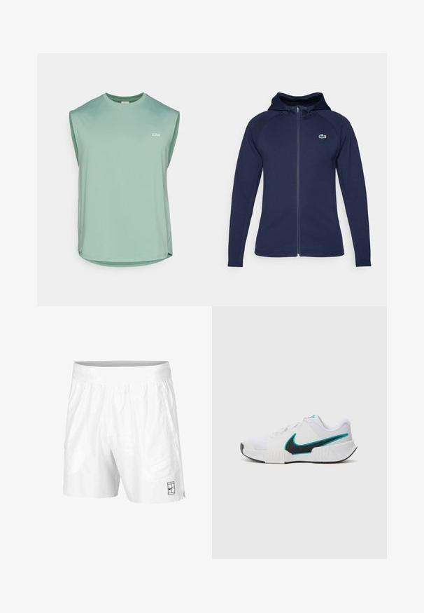 Tamsiai mėlynas užtrauktukas džemperis, pagamintas iš minkštos medžiagos, su pamuštu kapučinu, raglan rankovėmis ir Lacoste logotipu ant kairiojo krūtinės.; Šviesiai žalia be rankovių sportinė palaidinė, pagaminta iš kvėpuojančios medžiagos su tinklelio tekstūra. Turi apvalų iškirpimą ir subtilų logotipą priekyje.; Balti sportiniai šortai, pagaminti iš lengvos medžiagos, su elastinga juosta, su dviem šoninėmis kišenėmis ir mažu juodu logotipu ant apatinio krašto.; Balti sportiniai batai su tekstūruotu tinkliniu paviršiumi, juodu guminėmis padais ir mėlyna Nike ženklu. Yra raiščiai ir paminkštinta apykaklė.