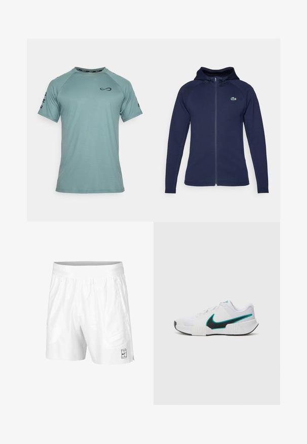 Hanorac cu fermoar de culoare bleumarin, realizat dintr-un material moale, având o glugă căptușită, mâneci raglan și un logo Lacoste pe partea stângă a pieptului.; Endless CAMISETA FEISTY ICONIC - Bluză sport - cypress; Pantaloni scurți albi de atletism realizați dintr-un material ușor, cu un brad elastic la talie, având două buzunare laterale și un mic logo negru pe tiv.; Shoe sportiv alb cu un superior din plasă texturată, talpă din cauciuc negru și accent Nike swoosh în nuanță teal. Dispune de șireturi și guler căptușit.