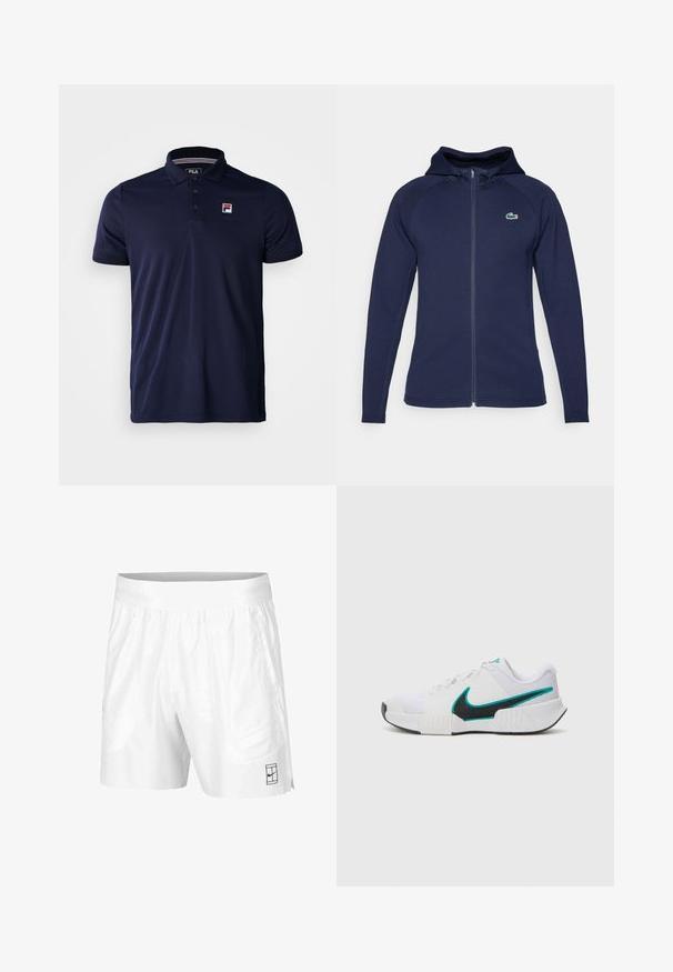 Marineblå zip-up hettegenser laget av myk stoff, med fôret hette, raglanermer og Lacoste-logo på venstre bryst.; Marineblå polo-skjorte laget av glatt stoff, med en tre-knaps placket, ribbestrikket krage og en liten FILA-logo på venstre bryst.; Hvite sportsshorts laget av lettvektstoff med elastisk midjebånd, med to sidelommer og en liten svart logo på kanten.; Hvit atletisk sko med teksturert mesh-overdel, svart gummisåle og teal Nike swoosh-detalj. Har snøring og polstret krage.