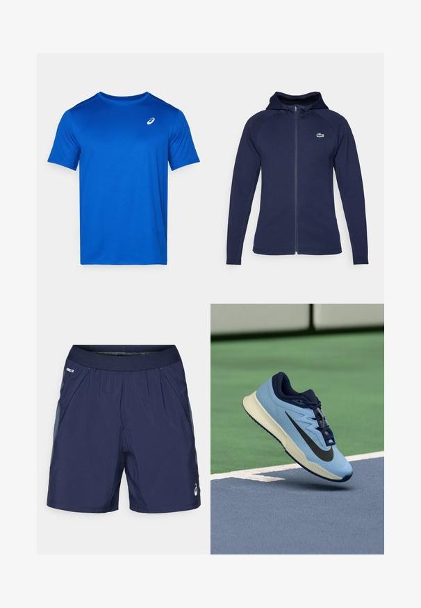 Corta-vento azul marinho com fecho de correr feito de tecido macio, apresentando um capuz forrado, mangas raglan e um logo da Lacoste no lado esquerdo do peito.; T-shirt azul de manga curta feito de tecido leve. Apresenta um decote redondo e um pequeno logótipo branco no peito. Textura suave.; Calções atléticos azul-marinho com cintura elástica, bolsos laterais e detalhes em cinza claro. Feitos de um tecido leve e suave para maior conforto.; Shoe desportivo azul claro com realces em azul-marinho, parte superior em malha texturizada e logo Swoosh preto. Apresenta uma entressola acolchoada e sola de borracha.