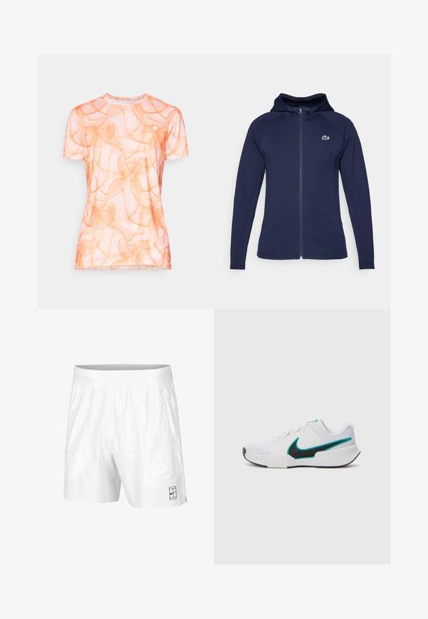 Navy blue zip-up hoodie made of soft fabric, featuring a lined hood, raglan sleeves, and a Lacoste logo on the left chest.; Short-sleeve t-shirt in orange with a swirling geometric pattern, lightweight fabric, crew neck, and a logo accent.; White athletic shorts made of lightweight fabric with an elastic waistband, featuring two side pockets and a small black logo on the hem.; White athletic shoe with textured mesh upper, black rubber sole, and teal Nike swoosh accent. Features laces and padded collar.