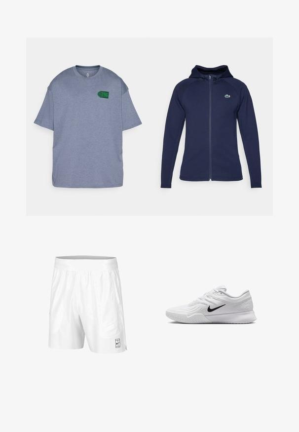 Navy blue zip-up hoodie made of soft fabric, featuring a lined hood, raglan sleeves, and a Lacoste logo on the left chest.; Gray short-sleeve t-shirt made of soft fabric, featuring a green basketball graphic with "96" on the left chest area. Relaxed fit design.; White athletic shorts with an elastic waistband, two side pockets, and a small black logo detail on the lower front. Smooth texture.; White athletic shoe with textured mesh upper, black Nike swoosh, padded collar, and rubber outsole with a tread pattern.