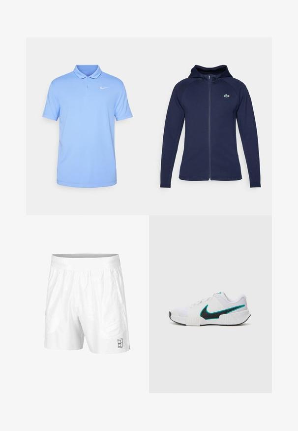Hanorac cu fermoar de culoare bleumarin, realizat dintr-un material moale, având o glugă căptușită, mâneci raglan și un logo Lacoste pe partea stângă a pieptului.; Nike Performance NIKECOURT SOLID - Bluză polo - royal pulse/white; Pantaloni scurți albi de atletism realizați dintr-un material ușor, cu un brad elastic la talie, având două buzunare laterale și un mic logo negru pe tiv.; Shoe sportiv alb cu un superior din plasă texturată, talpă din cauciuc negru și accent Nike swoosh în nuanță teal. Dispune de șireturi și guler căptușit.