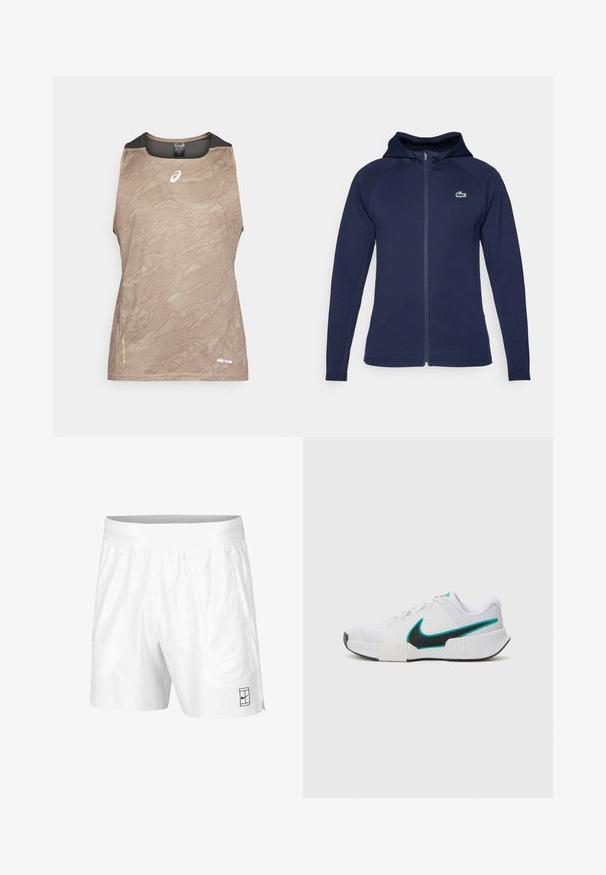 Dunkelblaues Zip-Hoodie aus weichem Stoff, mit gefütterter Kapuze, Raglanärmeln und einem Lacoste-Logo auf der linken Brust.; Beige ärmelloses Sporttop mit strukturiertem Muster, das über einen schwarzen Netzkragen und Armakzente verfügt, sowie einem kleinen Logo auf der Vorderseite.; Weiße Sportshorts aus leichtem Gewebe mit einem elastischen Bund, ausgestattet mit zwei Seitentaschen und einem kleinen schwarzen Logo am Saum.; Weißer Sportschuh mit strukturiertem Mesh-Obermaterial, schwarzer Gummisohle und türkisfarbenem Nike-Swoosh-Akzent. Verfügt über Schnürsenkel und gepolsterten Kragen.