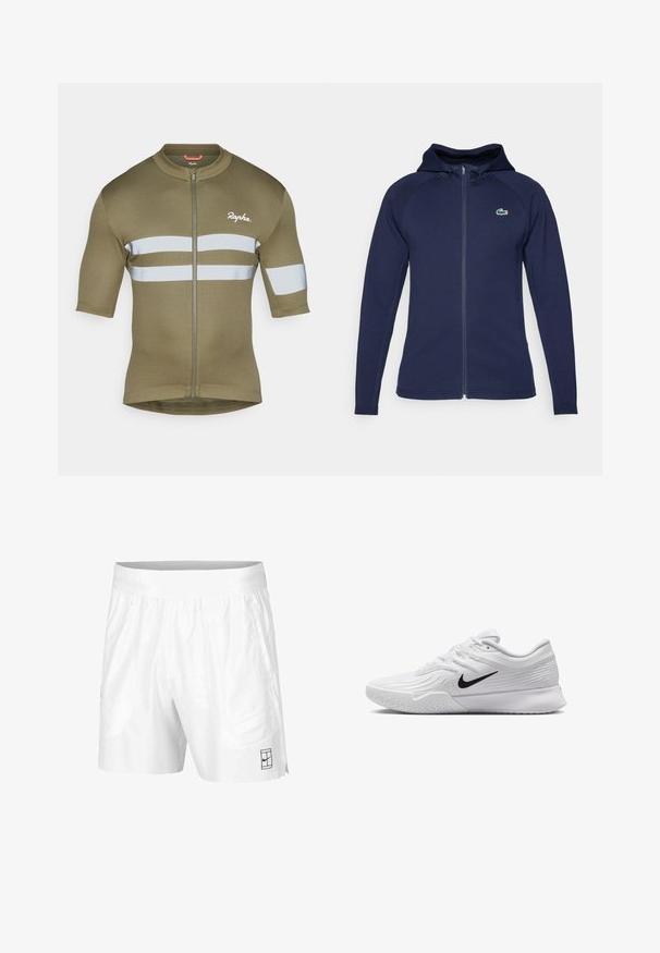 Marineblå zip-up hettegenser laget av myk stoff, med fôret hette, raglanermer og Lacoste-logo på venstre bryst.; Olivengrønn sykkeltrøye med korte ermer, frontglidelås og to horisontale reflekterende striper. Har mykt, lett materiale.; Hvite sportsshorts laget av lettvektstoff med elastisk midjebånd, med to sidelommer og en liten svart logo på kanten.; Hvit atletisk sko med teksturert mesh-overdel, svart Nike-svush, polstret krage og gummisåle med mønster.