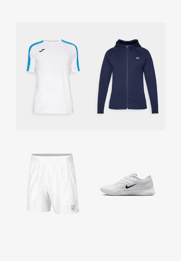 Mornarsko modra zip-up kapuca iz mehkega blaga, z obloženim kapuco, raglan rokavi in Lacoste logotipom na levi prsni strani.; Bela športna majica z svetlo modrimi poudarki na ramenih, kratkimi rokavi, okroglim ovratnikom in črnim logotipom na levem prsnem delu.; Bele športne kratke hlače iz lahkotnega materiala z elastičnim pasom, ki imajo dva stranska žepa in majhen črn logotip na robu.; Bela športna čeveljca z teksturiranim mrežastim zgornjim delom, črn Nike znak, oblazinjen ovratnik in gumijast podplat s profilom.
