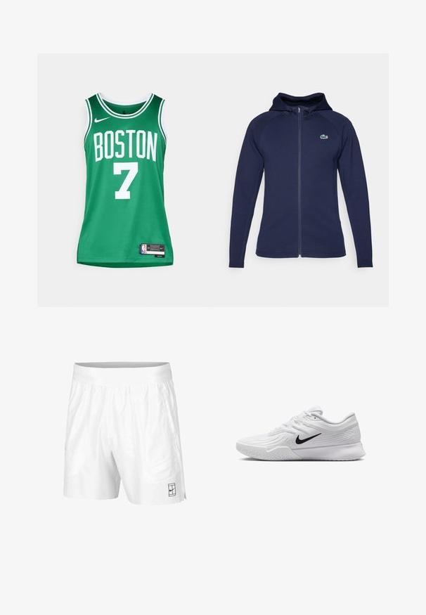 Navyblå zip-up hoodie i mjukt tyg, med fodrad huva, raglanärmar och en Lacoste-logotyp på vänster bröst.; Grön baskettröja med vit text. Har "BOSTON" och siffran "7". Tillverkad av andningsbart meshmaterial, med en Nike-logotyp och etikett.; Vita idrottsshorts tillverkade av lätt tyg med resårmidja, med två sidofickor och en liten svart logotyp på fållen.; Vit träningsskor med strukturerad mesh-överkonstruktion, svart Nike-swoosh, vadderad krage och gummiyttersula med mönster.