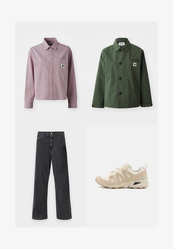 Tumši zaļa jaka, kas izgatavota no gludas auduma ar taisnu piegriezumu, aprīkota ar apkakli, priekšējām pogām, krūšu kabatu un sānu kabatām.; Zilās adītas jakas ar rāvējslēdzēju, apkakli, ribinātām piedurknēm un apakšmalu. Iezīmējas ar teksturētu rakstu un gludu apdari.; Gaiši rozā krekls ar pogām, ar teksturētu rakstu, garām piedurknēm, krūšu kabatu un nelielu logotipa birku uz kabatas.; Melnas džinsu bikses ar taisnu kāju griezumu, kas aprīkotas ar metāla pogu aizdari, piecām kabatām un redzamu šuvju. Vienmērīga tekstūra un mierīga krāsa.; Beige un krēma sporta apavi ar strukturētu tīkla virsmu, atbalstošajiem slāņiem un gumijas zoli ar protektoru rakstu, kas nodrošina saķeri.