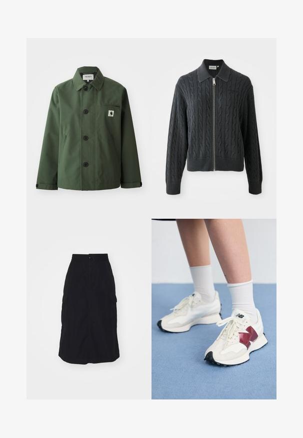 Dark green jacket made of smooth fabric with a straight cut, featuring a collar, front buttons, chest pocket, and side pockets.; Dark gray zip-up sweater with a cable knit pattern, collared design, and ribbed cuffs and hem. Features a silver zipper closure.; Black cotton t-shirt with a relaxed fit. Features a round neck and short sleeves. Includes a small gold embroidered logo on the chest.; Black midi skirt featuring an elastic waistband, front button closure, and two side cargo pockets. Smooth fabric with a straight cut.; Pair of white sneakers with maroon accents, textured panels, flat black outsole, and light laces, worn with white ankle socks.