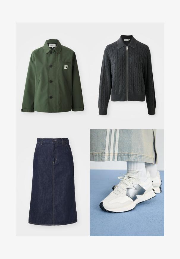 Tummanvihreä takki, joka on valmistettu sileästä kankaasta ja jossa on suora leikkaus. Takissa on kaulus, etunapit, rintatasku ja sivutaskut.; Tummanharmaa vetoketjullinen neulepaita, jossa on sekoituspuuvillasta ja akryylista valmistettu letitetty kuvio, kauluksellinen muotoilu sekä resorit hihoissa ja helmassa. Varustettu hopeanvärisellä vetoketjulla.; Kaksi valkoista puuvillapaitaa, joissa on lyhyet hihat, pyöreät kaula-aukot ja vartalonmyötäinen malli, näyttäen sileältä ja minimalistiselta.; Tummansininen farkkuhame, jossa on korkea vyötärö, suora leikkaus, etutaskut ja ommellut saumat. Hameessa on vetoketju- ja nappikiinnitys vyötäröllä.; Valkoiset urheilukengät hopea-akcentilla, teksturoitua kangasta ja sileää nahkaa; mustalla kumipohjalla ja nauhoilla varustettuna.