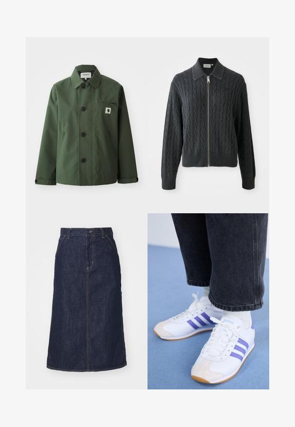 Casaco verde-escuro feito de tecido liso com um corte reto, apresentando colarinho, botões frontais, bolso no peito e bolsos laterais.; Pullover cinza escuro com fecho de zip, padrão de malha trançada, design com gola e punhos e bainha canelados. Apresenta um fecho de zipper prateado.; Conjunto de três t-shirts de manga curta nas cores preto, cinza e branco. Feitas em algodão, com gola redonda e um design simples, em cores sólidas.; Saia de ganga escura de cintura alta, corte reto, com bolsos frontais e costuras aparadas. Apresenta um fecho de correr e botão na cintura.; Ténis brancos com riscas roxas, apresentando uma biqueira em camurça e uma sola texturizada. Usados com calças pretas com punhos e meias brancas.