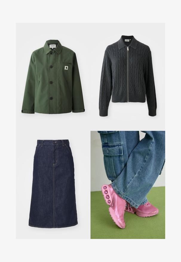 Tumši zaļa jaka, kas izgatavota no gludas auduma ar taisnu piegriezumu, aprīkota ar apkakli, priekšējām pogām, krūšu kabatu un sānu kabatām.; Tumši pelēks jaku ar rāvējslēdzēju, ar kabelveida adījumu, apkakles dizainu un ribotiem piedurknēm un apakšmalu. Iespēja ar sudraba rāvējslēdzēja aizdari.; Trīs īsām piedurknēm T-krekli melnā, pelēkā un baltā krāsā. Izgatavoti no kokvilnas, ar apaļu kakla izgriezumu un vienkāršu, viendabīgu krāsas dizainu.; Tumša zila džinsu svārku ar augstu jostasvietu, taisnu piegriezumu, priekšējām kabatām un šuvēm. Iekļauta rāvējslēdzēja un pogas aizdare jostasvietā.; Rozā sporta apavi ar sietveida augšdaļu un spīdīgiem akcentiem, ar apaļām amortizācijas podiņām uz zoles. Valkāti kopā ar platām džinsu biksēm.