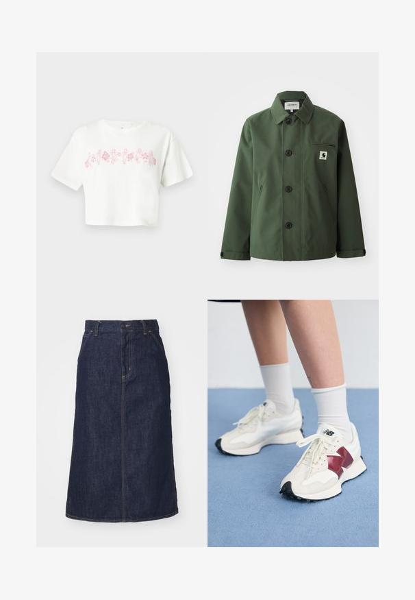 Dark green jacket made of smooth fabric with a straight cut, featuring a collar, front buttons, chest pocket, and side pockets.; Dark gray zip-up sweater with a cable knit pattern, collared design, and ribbed cuffs and hem. Features a silver zipper closure.; White cropped t-shirt with short sleeves, featuring a pink floral and figure graphic design across the chest. Made of cotton.; Dark denim skirt with a high waist, straight cut, front pockets, and stitched seams. Features a zip and button closure at the waist.; Pair of white sneakers with maroon accents, textured panels, flat black outsole, and light laces, worn with white ankle socks.