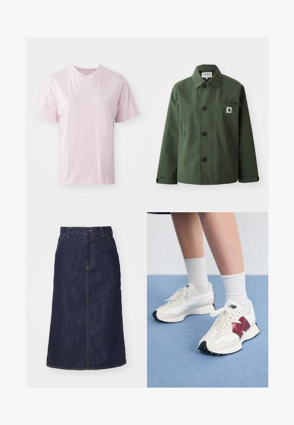 Tume roheline jakk, mis on valmistatud siledast kangast, otsekas ja millel on krae, esiflipid, rinnatasku ja küljetaskud.; Tumehall hallitaveta kõrge kaelusega sviiter, millel on lõngas õmmeldud muster ja soonikkudumine varrukatel ning allääril. Tootel on hõbedane tõmblukk.; Heledast roosa puuvillane t-särk ümmarguse kaelusega, lühikeste varrukate ja vasakul rinnal peene valge logoga.; Tume denim.seelik kõrge vöökoha, sirge lõike, esikottide ja õmmeldud õmblustega. Vöökoht on varustatud luku ja nööbiga.; Valge tenniste paar marooni aktsentide, tekstuuriliste paneelide, lame musta tallaga ja heleda nööriga, kantud valgete pahkl sockidega.