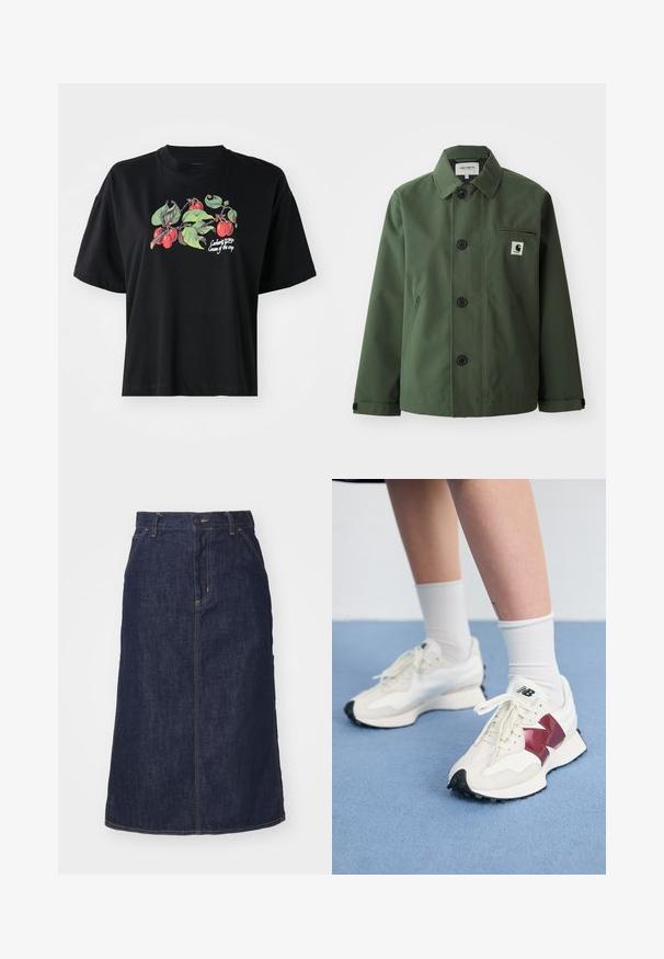 Dunkelgrüne Jacke aus glattem Stoff mit geradem Schnitt, ausgestattet mit einem Kragen, vorderen Knöpfen, Brusttasche und seitlichen Taschen.; Dunkelgrauer Reißverschluss-Pullover mit einem Zopfmuster, kragenförmigem Design und gerippten Bündchen und Saum. Verfügt über einen silbernen Reißverschluss.; Schwarzes T-Shirt mit kurzen Ärmeln, das auf der Vorderseite eine bunte Grafik von Früchten und Blättern zeigt, mit dem bedruckten Text "Cargart WIP Cream of the crop."; Dunkelblaue Jeansrock mit hoher Taille, geradem Schnitt, aufgesetzten Taschen und genähten Nähten. Mit einem Reißverschluss und einem Knopfverschluss an der Taille.; Ein Paar weiße Sneakers mit kastanienbraunen Akzenten, strukturierten Paneelen, flacher schwarzer Außensohle und hellen Schnürsenkeln, getragen mit weißen Knöchelsocken.