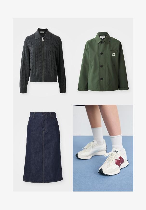 Mørkegrønn jakke laget av glatt stoff med rett snitt, featuring krage, frontknapper, brystlomme og sidelommer.; Mørkegrå hettejakke med glidelås og kabelstrikk mønster, krage-design og ribbede mansjetter og kant. Har en sølv glidelås lukking.; Svart T-skjorte laget av bomull med korte ermer. Har et hvitt edderkoppnett grafikk og logo på fronten. Enkel rund hals.; Mørk denimskjørt med høy midje, rett snitt, frontlommer og sømmer. Har glidelås og knappeåpning i midjen.; Par med hvite joggesko med bordeaux detaljer, teksturerte paneler, flat svart yttersåle og lette snøringer, iført hvite ankelstrømper.