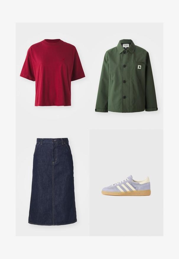 Dark green jacket made of smooth fabric with a straight cut, featuring a collar, front buttons, chest pocket, and side pockets.; Red cotton short-sleeve T-shirt with a round neckline and a small embroidered logo on the chest. Boxy fit and smooth texture.; Dark denim skirt with a high waist, straight cut, front pockets, and stitched seams. Features a zip and button closure at the waist.; Purple suede sneaker with three white stripes, rubber gum sole, and cream accents at the heel and tongue. Minimalist design with logo detail.