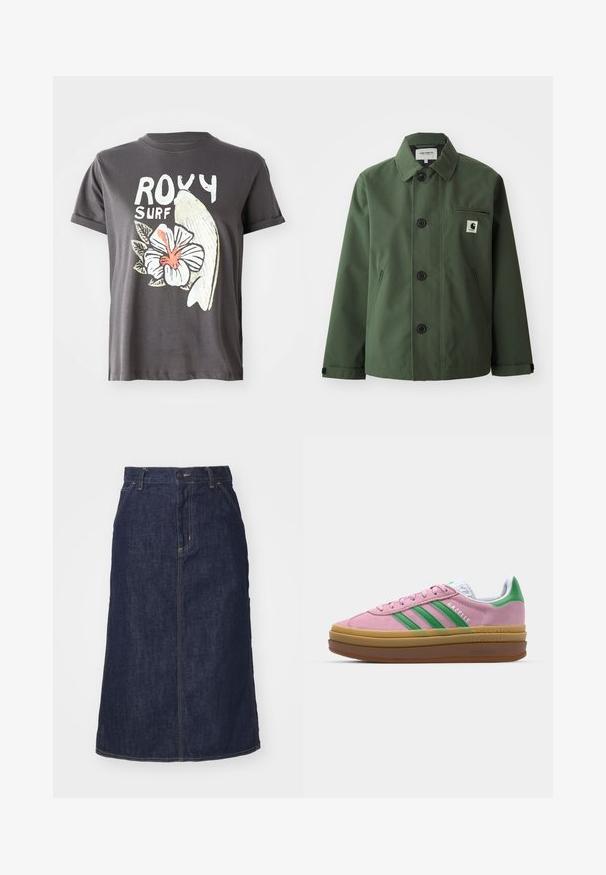 Dunkelgrüne Jacke aus glattem Stoff mit geradem Schnitt, ausgestattet mit einem Kragen, vorderen Knöpfen, Brusttasche und seitlichen Taschen.; Graues Baumwoll-T-Shirt mit einem weißen Grafikdesign eines Fisches und einer Hibiskusblüte mit roten Details, kurzen Ärmeln und Rundhalsausschnitt.; Dunkelblaue Jeansrock mit hoher Taille, geradem Schnitt, aufgesetzten Taschen und genähten Nähten. Mit einem Reißverschluss und einem Knopfverschluss an der Taille.; Rosa Wildledersneaker mit grünen Streifen, weißen Akzenten und einer braunen Gummisohle. Verfügt über strukturierten Stoff und Logodetails an der Seite.