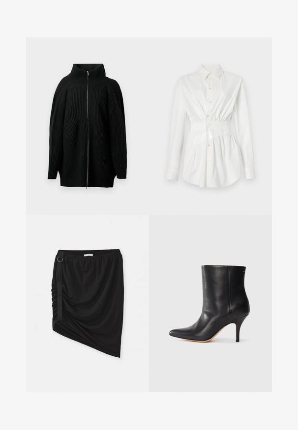 Fekete kötött pulóver magas gallérral, teljes elülső cipzárral, széles ujjakkal és függőleges bordázott textúrával. Minimalista dizájn.; Fehér, hosszú ujjú ing, fitted derék részlet és fényes öv akcentussal. Simább, könnyű anyagból készült.; Fekete ráncolt szoknya, puha anyagból, aszimmetrikus szegéllyel és oldalszíjjal, fémtáskával.; Fekete bőr bokacsizma hegyes orral, karcsú tűs sarkal és sima textúrával. Minimális dizájn, látható fémrészek vagy díszítések nélkül.