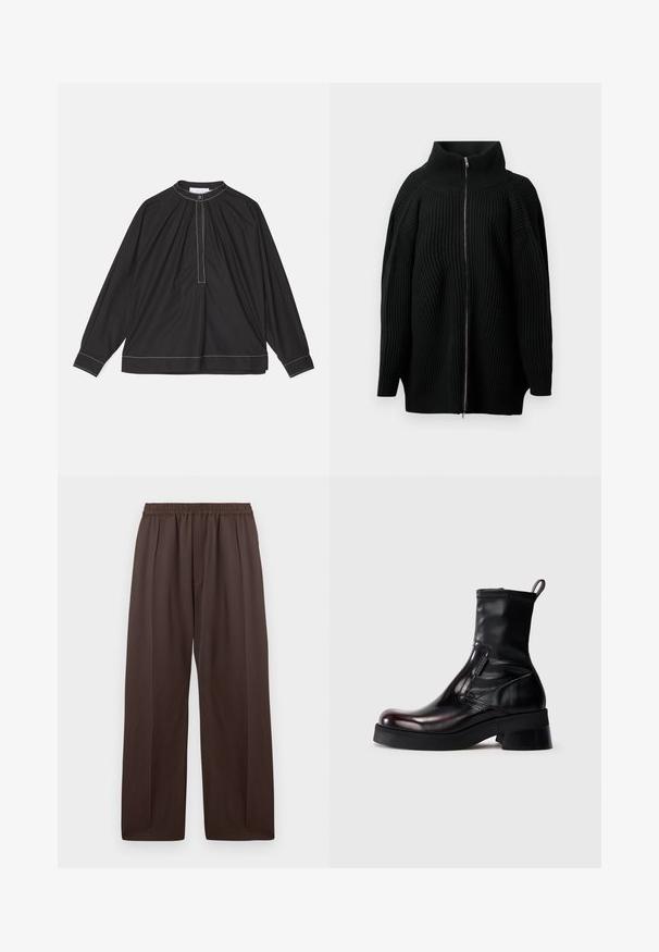 Crni pleteni pulover s visokim ovratnikom, s punim prednjim zatvaračem, širokim rukavima i okomitom rebrastom teksturom. Minimalistički dizajn.; Crna bluzica dugih rukava od laganog materijala, s nabranim prednjim dijelom, dugmetom na vratu i kontrastnim bijelim šavovima duž donjeg ruba i manžeta.; Smeđe široke hlače s elastičnim pojasom i suptilnim prednjim nabora, prikazane ravno na bijeloj pozadini.; Crne kožne gležnjače sa sjajnim završetkom, zaobljenim vrhom i debelom petom. Imaju bočni rajsferšlus i petlju za lako obuvanje.