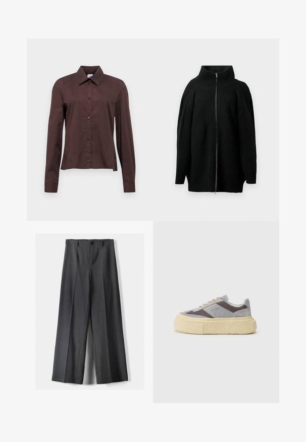 Zwarte gebreide trui met hoge kraag, voorzien van een volle ritssluiting aan de voorkant, brede mouwen en verticale geribbelde textuur. Minimalistisch ontwerp.; Donkerbruine knoopshirt met lange mouwen, een puntige kraag en zwarte knopen. Gemaakt van een gladde stof met een effen patroon.; Wijde broek in donkergrijze stof, met een knoopsluiting, voorplooien en riemlussen. Gladde textuur met een op maat gemaakte uitstraling.; Grijze suede sneakers met gaaspanelen, crèmekleurige zool en ronde neus. Voorzien van beige veters en subtiele perforaties aan de zijkanten.