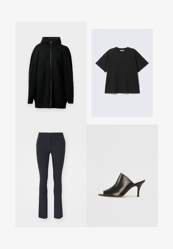 Crni pleteni pulover s visokim ovratnikom, s punim prednjim zatvaračem, širokim rukavima i okomitom rebrastom teksturom. Minimalistički dizajn.; Crna majica s kratkim rukavima od pamuka, opuštenog kroja, s okruglim izrezom i minimalističkim dizajnom. Nema uzoraka niti vidljivih akcenta.; Crne rastezljive hlače s prilagođenim dizajnom, s glatkom teksturom, ravnim krojem i malim bočnim cipzarnicama na rubu.; Crne kožne mule otvorenih prstiju s elegantnim, zakrivljenim dizajnom, visokim štiklama i glatkom teksturom. Unutrašnjost sadrži kontrastnu svijetlu boju.