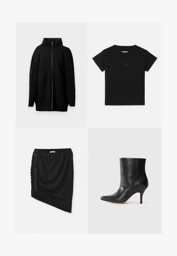 Čierny pletený sveter s vysokým golierom, vybavený plným zipsom na prednej strane, širokými rukávmi a vertikálnou ryhovanou textúrou. Minimalistický dizajn.; Čierne bavlnené tričko s krátkymi rukávmi, okrúhlym výstrihom a malou grafickou potlačou v svetlejšom odtieni na prednej strane.; Čierna nariasaná sukňa vyrobená z jemného materiálu, s asymetrickým lemom a bočným pásom s kovovým krúžkom.; Čierne kožené členkové topánky s špicatou špičkou, úzkym stiletto podpätkom a hladkou textúrou. Minimalistický dizajn bez viditeľných kovových prvkov alebo akcentov.