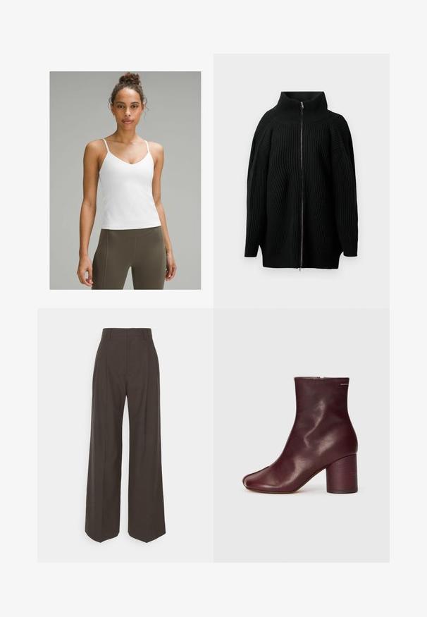 Zwarte gebreide trui met hoge kraag, voorzien van een volle ritssluiting aan de voorkant, brede mouwen en verticale geribbelde textuur. Minimalistisch ontwerp.; Witte cami-top met dunne bandjes, V-hals ontwerp, gladde textuur, aansluitende silhoeet, gecombineerd met hoogtaille olijfgroene leggings.; Donkerbruine wijde broek met een hoge taille, voorzien van strak geplooide plooien, een zachte textuur en een op maat gemaakte pasvorm.; Bordeaux leren enkellaars met een ronde neus, een gladde textuur en een blokhak, met een rits sluiting aan de achterkant.