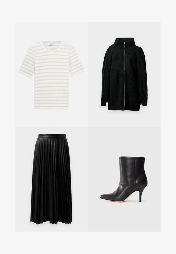 Juodas megztas džemperis su aukštu apykakle, laikomas užtrauktuku visu ilgiu, plačiomis rankovėmis ir vertikaliu raukšlėtu tekstūru. Minimalistinis dizainas.; Dryžuota trumpa rankovė marškinėliai, pagaminti iš lengvo medvilnės mišinio, su šviesiai pilkomis ir kreminėmis dryžiais, apvalia iškirpte ir minkšta tekstūra.; Juodas klostuotas sijonas, pagamintas iš tekstūruotos medžiagos, turintis prigludusią juosmenį ir ilgus, laisvai krentančius klostes, siekiančias iki pusės blauzdos.; Juodos odinės kulkšninių botų su smailiu nosiu, siauru stiletto kulnu ir lygia tekstūra. Minimalistinis dizainas, be matomų aparatūros ar akcentų.