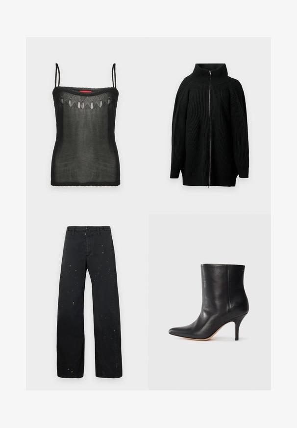 Schwarzer Strickpullover mit hohem Kragen, ausgestattet mit einem durchgehenden Reißverschluss, weiten Ärmeln und vertikal gerippter Struktur. Minimalistisches Design.; Schwarzes Camisole-Top aus transparenter Spitze, mit zarten bestickten Details am Ausschnitt und dünnen verstellbaren Trägern.; MM6 Maison Margiela PANTS - Jeans Relaxed Fit - black; Schwarze Leder-Ankle Boots mit spitzem Zeh, schlankem Stiletto-Absatz und glatter Textur. Minimalistisches Design ohne sichtbare Beschläge oder Akzente.