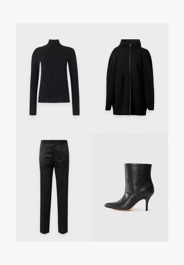 Black knitted sweater with a high collar, featuring a full front zip, wide sleeves, and vertical ribbed texture. Minimalist design.; Black turtleneck top with long sleeves, made from soft fabric. Features a fitted silhouette and high neck design. No additional patterns or accents.; Black tailored trousers with straight legs and a waistband with belt loops, featuring a mix of matte and shiny fabric panels.; Black leather ankle boot with pointed toe, slim stiletto heel, and smooth texture. Minimalist design with no visible hardware or accents.