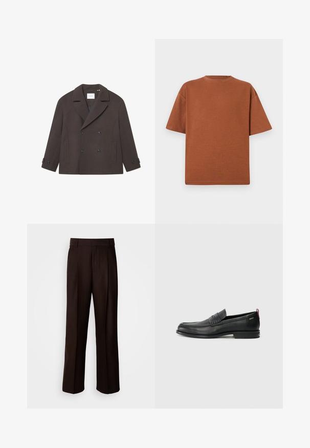 Dyp brun dobbeltsidig frakk laget av strukturert ullblanding. Har bred krage, sidelommer og knappdetaljer på ermene.; Brun bomull t-skjorte med rund hals, korte ermer og avslappet passform. Tøyet har en myk tekstur og minimale sømmer.; Brune skreddersydde bukser med rett ben-design, som har en frontfold, glatt tekstur og en klassisk midje. Passer for formell bekledning.; Svarte lær loafers med teksturert frontpanel og glatte sider. Har en slank hæl og bakløkke for enkel påkledning. Klassisk design.