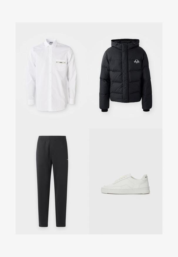Čierna prešívaná bunda s kapucňou, ktorá má elastické manžety a logo na hrudníku. Vyrobená z hladkého, vodoodolného materiálu.; Čierna mikina vyrobená z mäkkého materiálu s okrúhlym výstrihom a rebrovanými manžetami. Výrazné biele logo "MOSCHINO" na prednej strane.; Biela košeľa s dlhými rukávmi vyrobená z bavlny. Má zapínanie na gombíky, špicatý golier a malú náprsné vrecko so značkou na hrudi.; Čierne joggingové nohavice z mäkkej tkaniny, s elastickým pásom, rovnými nohavicami a malým logom na boku.; Biele kožené tenisky s hladkým povrchom, okrúly špičkový dizajn, ploché šnúrky a textúrovaná podrážka. Obsahujú jemné logo na päte.