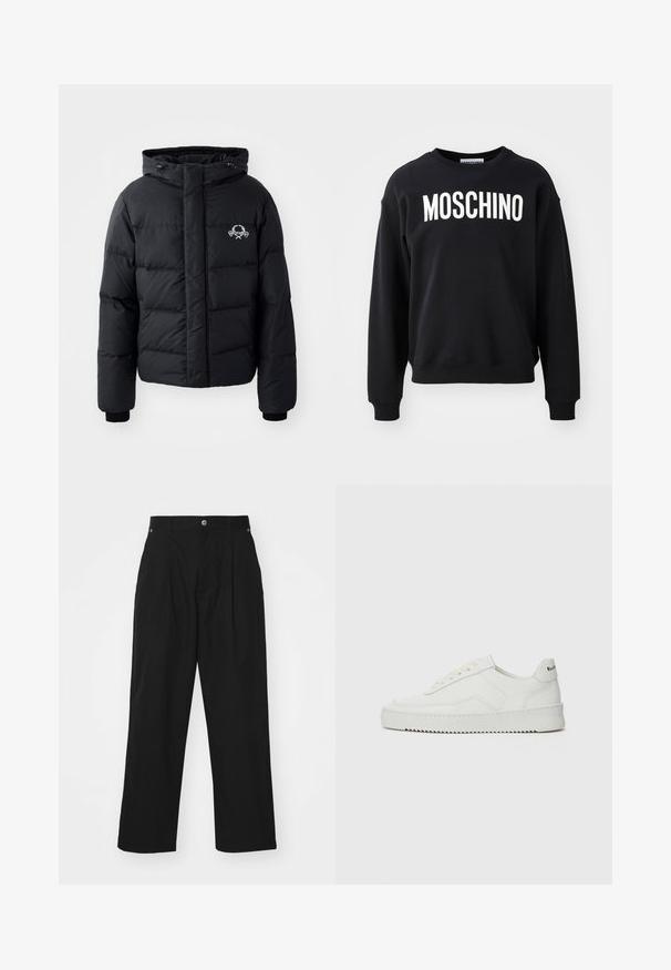 Čierna prešívaná bunda s kapucňou, ktorá má elastické manžety a logo na hrudníku. Vyrobená z hladkého, vodoodolného materiálu.; Čierna mikina vyrobená z mäkkého materiálu s okrúhlym výstrihom a rebrovanými manžetami. Výrazné biele logo "MOSCHINO" na prednej strane.; Čierne bavlnené tričko s tučným bielym nápisom "MOSCHINO" na prednej strane; okrúhly výstrih a krátke rukávy. Jednoduchý dizajn, klasický strih.; Čierne široké nohavice vyrobené z ľahkej tkaniny. Obsahujú zapínanie na gombík, predné skladby a dve bočné vrecká.; Biele kožené tenisky s hladkým povrchom, okrúly špičkový dizajn, ploché šnúrky a textúrovaná podrážka. Obsahujú jemné logo na päte.
