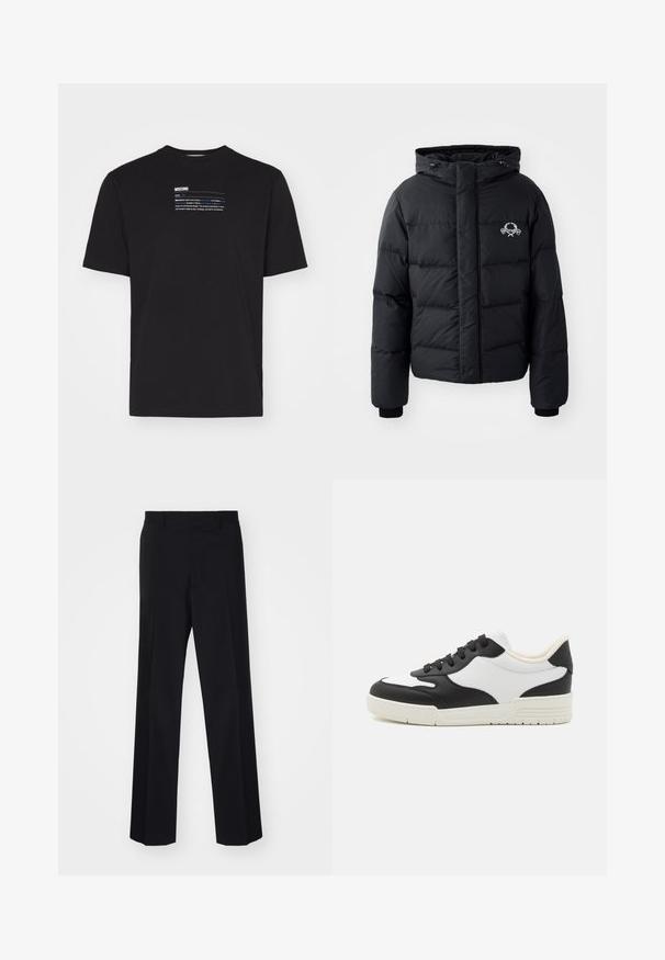 Černá péřová bunda s kapucí, s prošívaným vzorem, elastickými manžetami a logem na hrudi. Vyrobena z hladkého, vodoodpudivého materiálu.; Černá mikina vyrobená z měkkého materiálu, s kulatým výstřihem a žebrovanými manžetami. Výrazné bílé logo "MOSCHINO" na přední straně.; MOSCHINO TAPE - Triko s potiskem - nero; Černé kalhoty na míru s širokým střihem, s hladkou texturou a ostrými záhyby, vyrobené z tkané látky.; Černobílé tenisky s hladkým koženým svrškem, zaoblenou špičkou a plochou gumovou podrážkou. Mají černé šněrování a měkkou vnitřní podšívku.