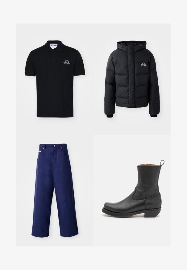 Fekete puffdzseki kapucnival, steppelt kialakítással, rugalmas mandzsettákkal és mellkasi logóval. Simább, vízálló anyagból készült.; Fekete pulóver puha anyagból, kerek nyakkivágással és bordázott mandzsettákkal. Jelentős fehér "MOSCHINO" felirattal az elülső részén.; Fekete pólóing, pamutból készült, gallérral, három gombbal, és az illetékes címen lévő hímzett logóval, amely keresztbe tett kardokat és babérkoszorúkat ábrázol a bal mellrészen.; Tág szárú nadrág sötétkék színben, puha anyagból készült. Gombos záródással és elülső zsebekkel rendelkezik, tiszta kidolgozással és látható minták nélkül.; Fekete bőrből készült bokacsizma sima textúrával, karcsú profilal, oldalvégekkel és alacsony négyzetes sarokkal. A hátsó részen húzófüle található.