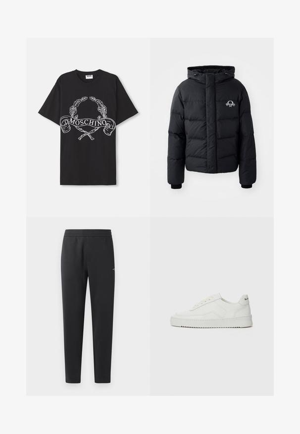 Juodas pūkinis švarkas su gobtuvu, pasižymintis siuvinėtu raštu, elastingais rankogaliais ir logotipu krūtinėje. Pagamintas iš lygios, vandeniui atsparios medžiagos.; Juodas džemperis, pagamintas iš minkštos medžiagos, su apvaliu iškirpimu ir gipiūrinėmis rankovėmis. Ryškus baltas „MOSCHINO“ logotipas ant priekio.; Juodas medvilnės marškinėlis su baltu piešiniu, vaizduojančiu alyvų vainiką ir kirstas lazdelis, centre esantį užrašą "MOSCHINO".; Juodos sportinės kelnės, pagamintos iš minkštos medžiagos, su elastinga juosmeniu, tiesiomis kojomis ir nedideliu logotipo akcentu šone.; Balti odiniai sportiniai bateliai su lygia apdaila, apvaliu pirštu, plokščiais raišteliais ir tekstūruotu padu. Pasižymi subtiliu logotipu ant kulno.