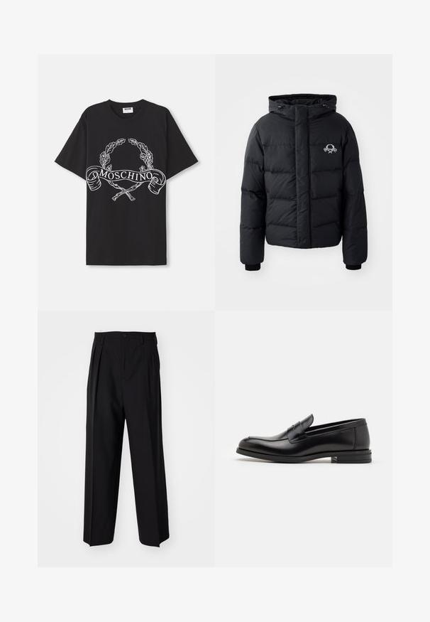 Melnā puffer jaka ar kapuci, ar kvadrātveida dizainu, elastīgiem piedurkņu galiem un krūšu logotipu. Izgatavota no gludas, ūdensizturīgas materiāla.; Melnā sudraba auduma džemperis ar mīkstu tekstūru, kas iezīmē apļa formas apkakli un ribaini rupjas piedurknes. Izteiksmīgs balts "MOSCHINO" logotips uz priekšpuses.; Melns T-krekls, kas izgatavots no kokvilnas, ar baltu grafiku, kas attēlo olīvu vainagu un šķērsotas nūjas ar vārdu "MOSCHINO" centrā.; Melnas plisētās bikses ar taisnu, plata kāja dizainu. Izgatavotas no gludas auduma, ar pogu aizdari un jostas cilpiņām.; Melnas ādas kurpes ar gludu tekstūru, noapaļu purngalu un dekoratīvu siksniņu pāri priekšpusei. Zems sakrauts papēdis, minimālisma dizains.