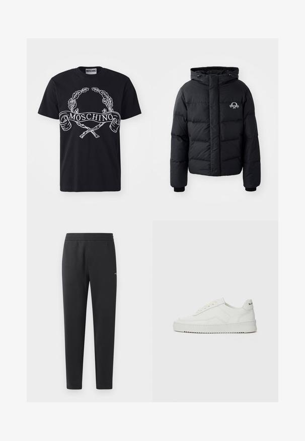 Black puffer jacket with a hood, featuring a quilted design, elastic cuffs, and a chest logo. Made of a smooth, water-resistant material.; Black sweatshirt made from soft fabric featuring a round neckline and ribbed cuffs. Prominent white "MOSCHINO" logo across the front.; Black cotton t-shirt featuring a white printed laurel wreath and the brand name "MOSCHINO" on a banner; classic crew neck design.; Black jogger pants made of soft fabric, featuring an elastic waistband, straight legs, and a single small logo detail on the side.; White leather sneaker with a smooth finish, round toe, flat laces, and a textured sole. Features a subtle logo on the heel.