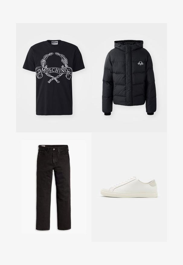 Černá péřová bunda s kapucí, s prošívaným vzorem, elastickými manžetami a logem na hrudi. Vyrobena z hladkého, vodoodpudivého materiálu.; Černá mikina vyrobená z měkkého materiálu, s kulatým výstřihem a žebrovanými manžetami. Výrazné bílé logo "MOSCHINO" na přední straně.; Černé bavlněné tričko s bílým potiskem vavřínového věnce a názvem značky "MOSCHINO" na banneru; klasický design s kulatým výstřihem.; Černé džíny rovného střihu s pěti kapsami, zapínáním na knoflík a poutky na opasek, položené na bílém pozadí.; Bílé kožené tenisky s hladkým povrchem, kulatou špičkou a minimalistickým designem. Disponují béžovými akcenty na patě a gumovou podešví.