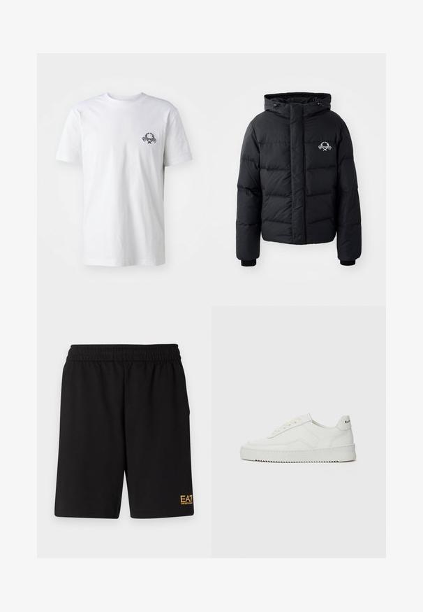 Jachetă puffer neagră cu glugă, având un design matlasat, mansete elastice și un logo pe piept. Fabricată dintr-un material neted, rezistent la apă.; Sweatshirt negru confecționat dintr-un material moale, cu decolteu rotund și manșete ribbate. Logo-ul alb proeminent "MOSCHINO" pe partea din față.; Tricou alb din bumbac, cu un mic design brodat negru pe piept; mâneci scurte și un gât clasic de tip crew neck.; Shorts atletici negri dintr-un material moale, având o talie elastică și un mic logo galben EA7 pe partea inferioară a piciorului stâng.; Sneakers din piele albă cu un finisaj neted, vârf rotund, șireturi plate și o talpă texturată. Prezintă un logo subtil pe călcâi.