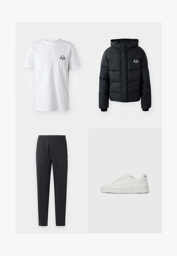 Sort pufferjakke med hætte, med et quiltet design, elastiske manchetter og et brystlogo. Lavet af et glat, vandafvisende materiale.; Sort sweatshirt lavet af blødt stof med rund halsudskæring og ribstrikkede manchetter. Fremtrædende hvid "MOSCHINO" logo tværs over forsiden.; Hvid bomulds T-shirt med et lille sort broderet design på brystet; korte ærmer og en klassisk rund hals.; Sorte joggebukser lavet af blødt stof, med elastisk måle, lige ben og et enkelt lille logo detaljeret på siden.; Hvide lædersneakers med en glat overflade, rund tå, flade snørebånd og en tekstureret sål. Har et diskret logo på hælen.